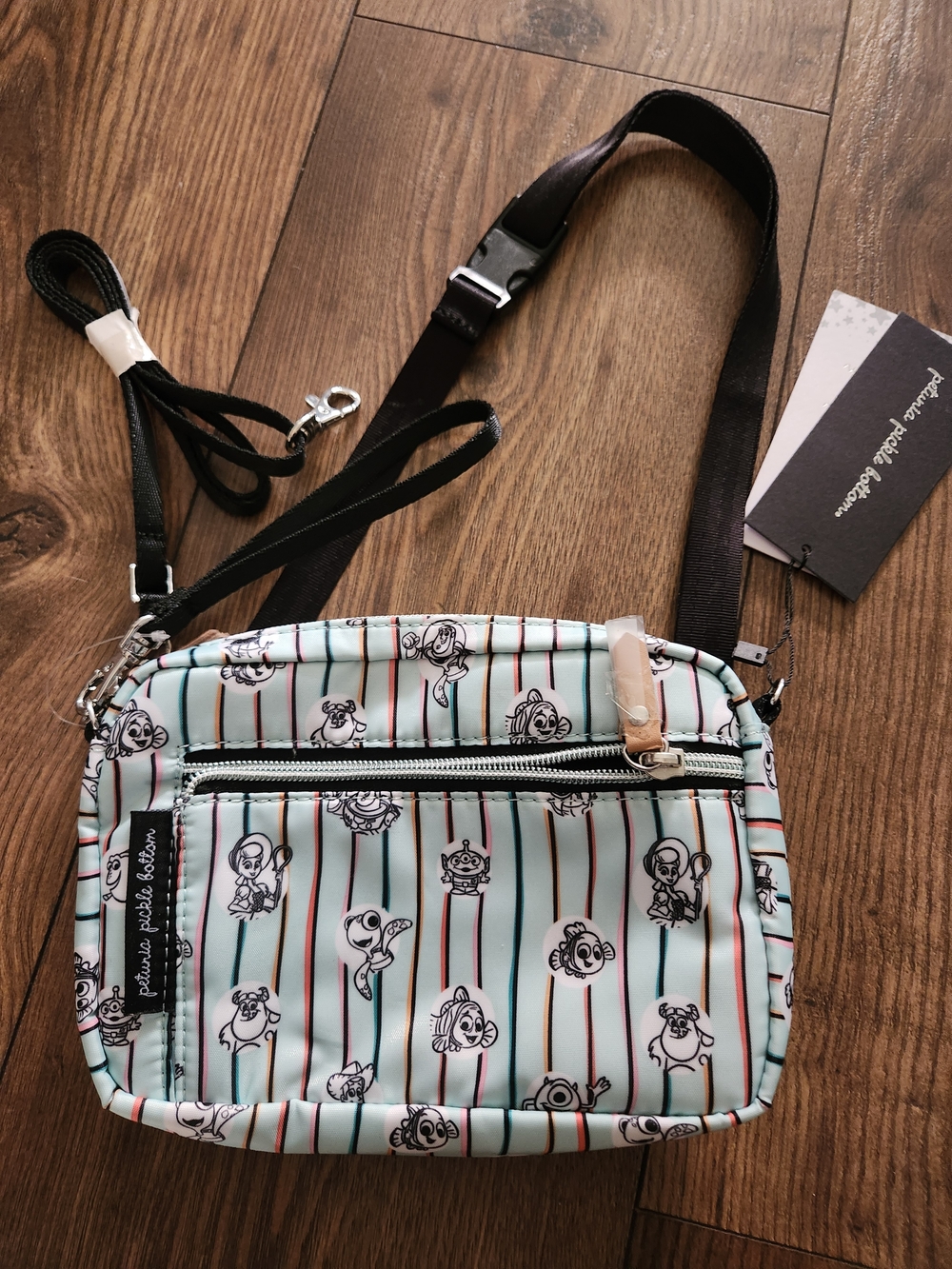 Petunia Pickle Bottom Mint Striped Crossbody with Black Character Accents